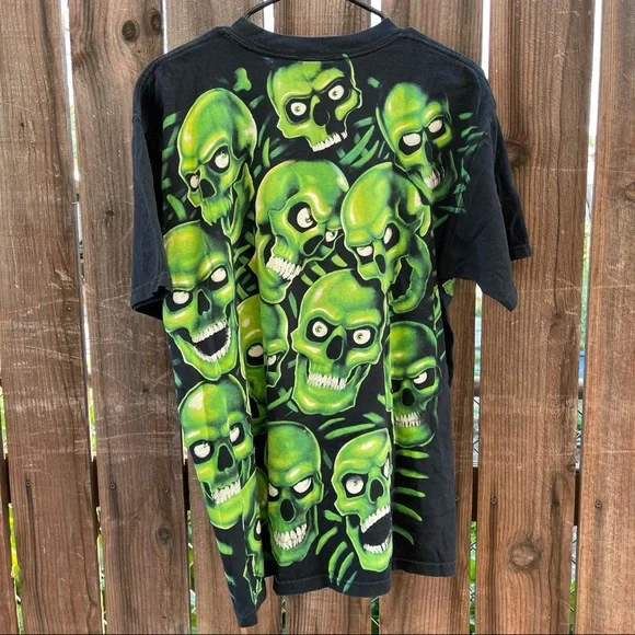 Liquid Blue Authentic Green Skull Print Black T Shirt Large Adult Vintage 2001 - Picture 15 of 16
